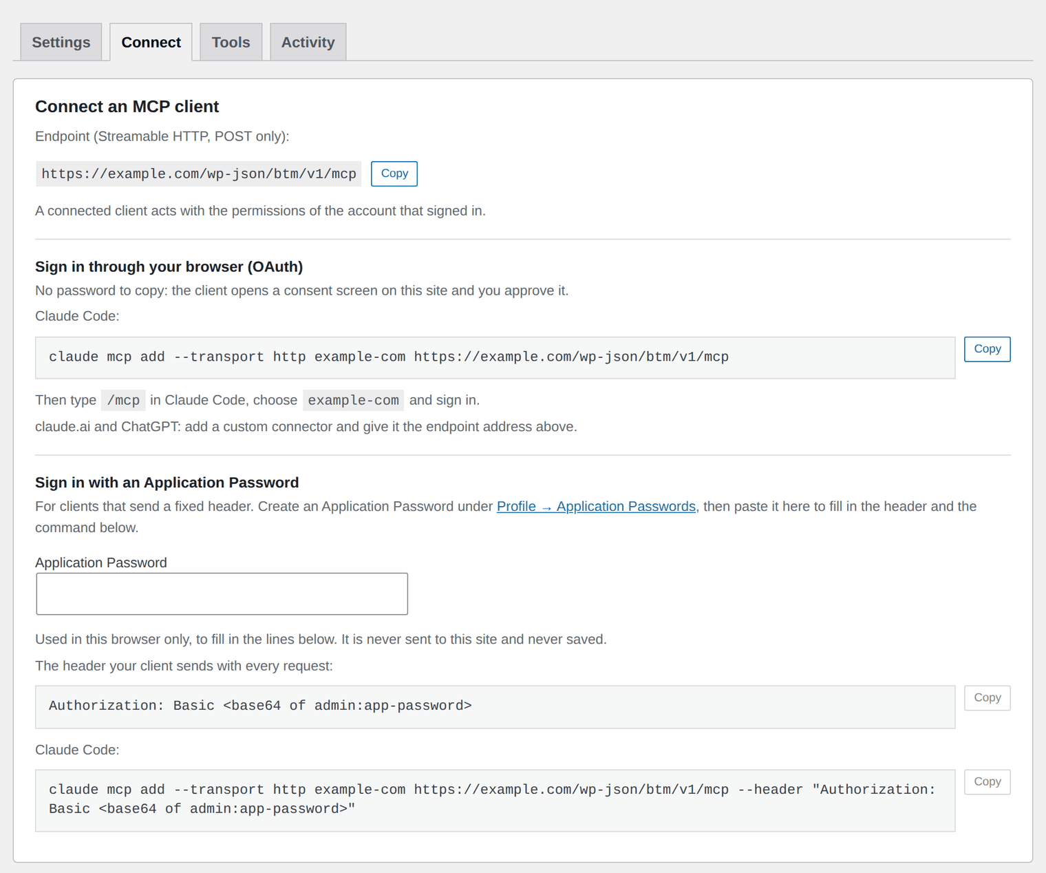 The Connect tab in the Block Theme MCP settings, with the endpoint, the Claude Code command for signing in through OAuth, and a field that turns an Application Password into the header and command to paste