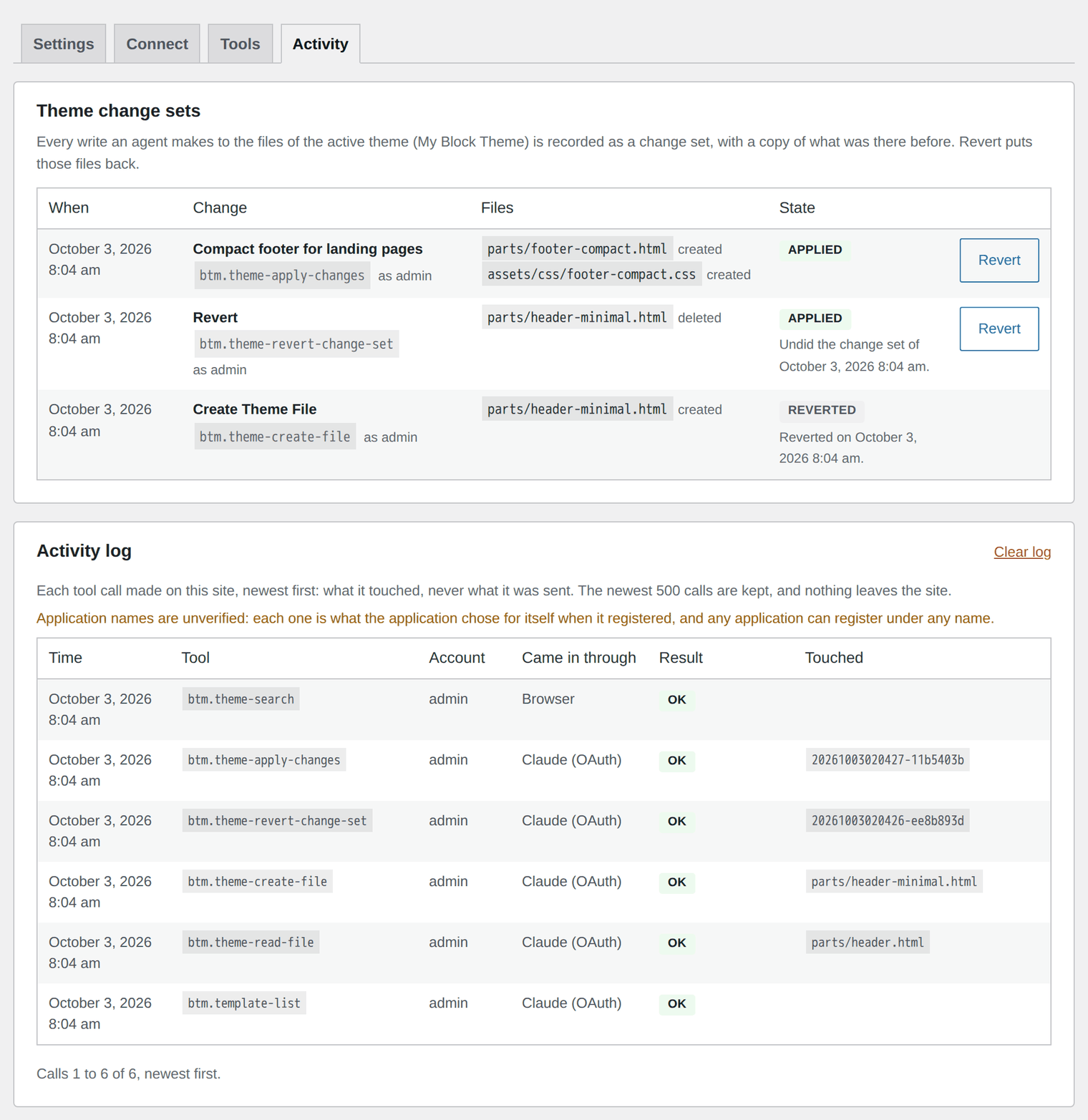 The Activity tab in the Block Theme MCP settings, listing theme change sets with a Revert button and a log of tool calls