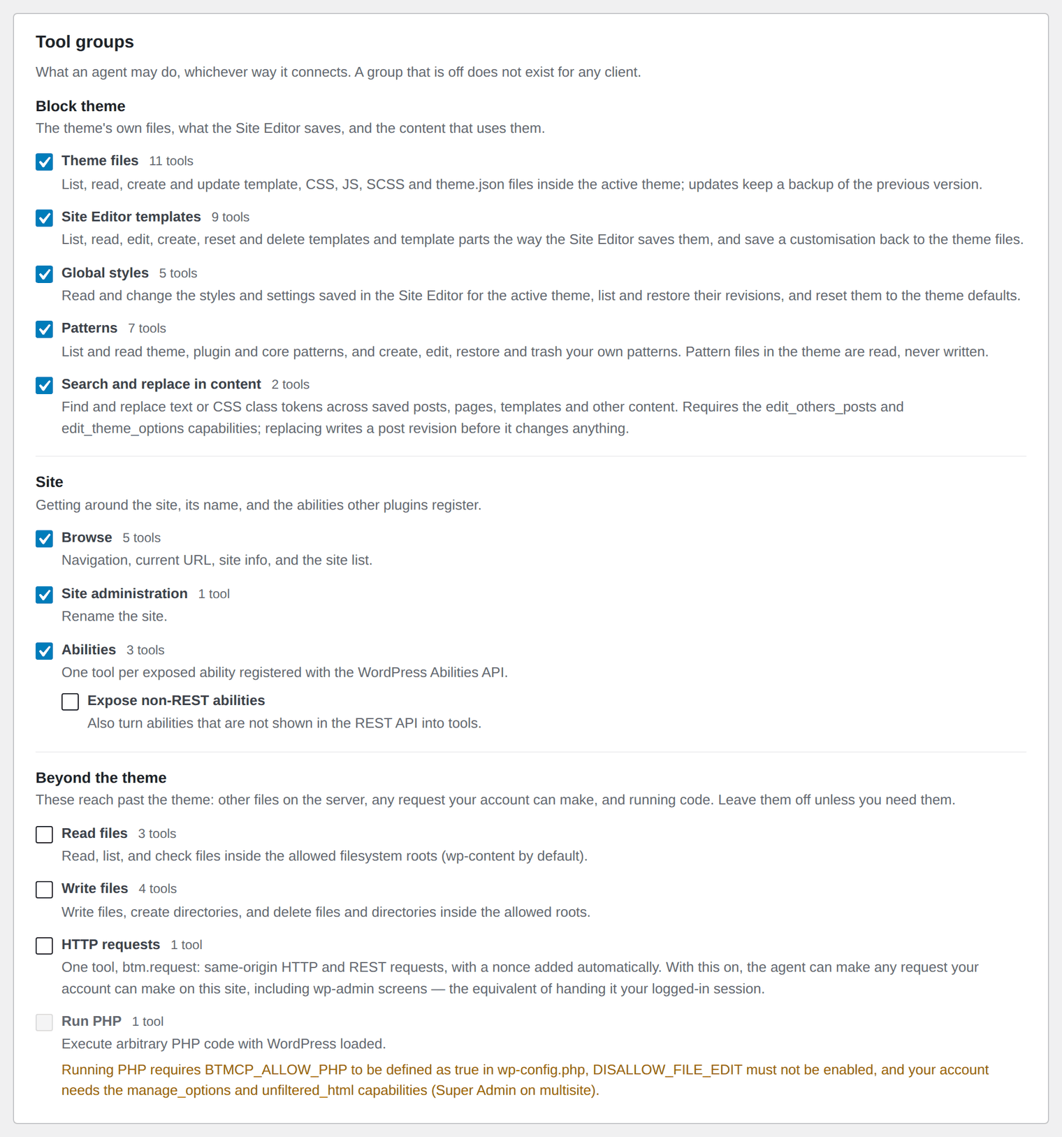 The Tool groups settings in Block Theme MCP, in three sets (Block theme, Site and Beyond the theme), one checkbox per group with the capability or constant it needs