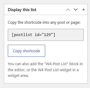 The Display this list box with the copyable shortcode