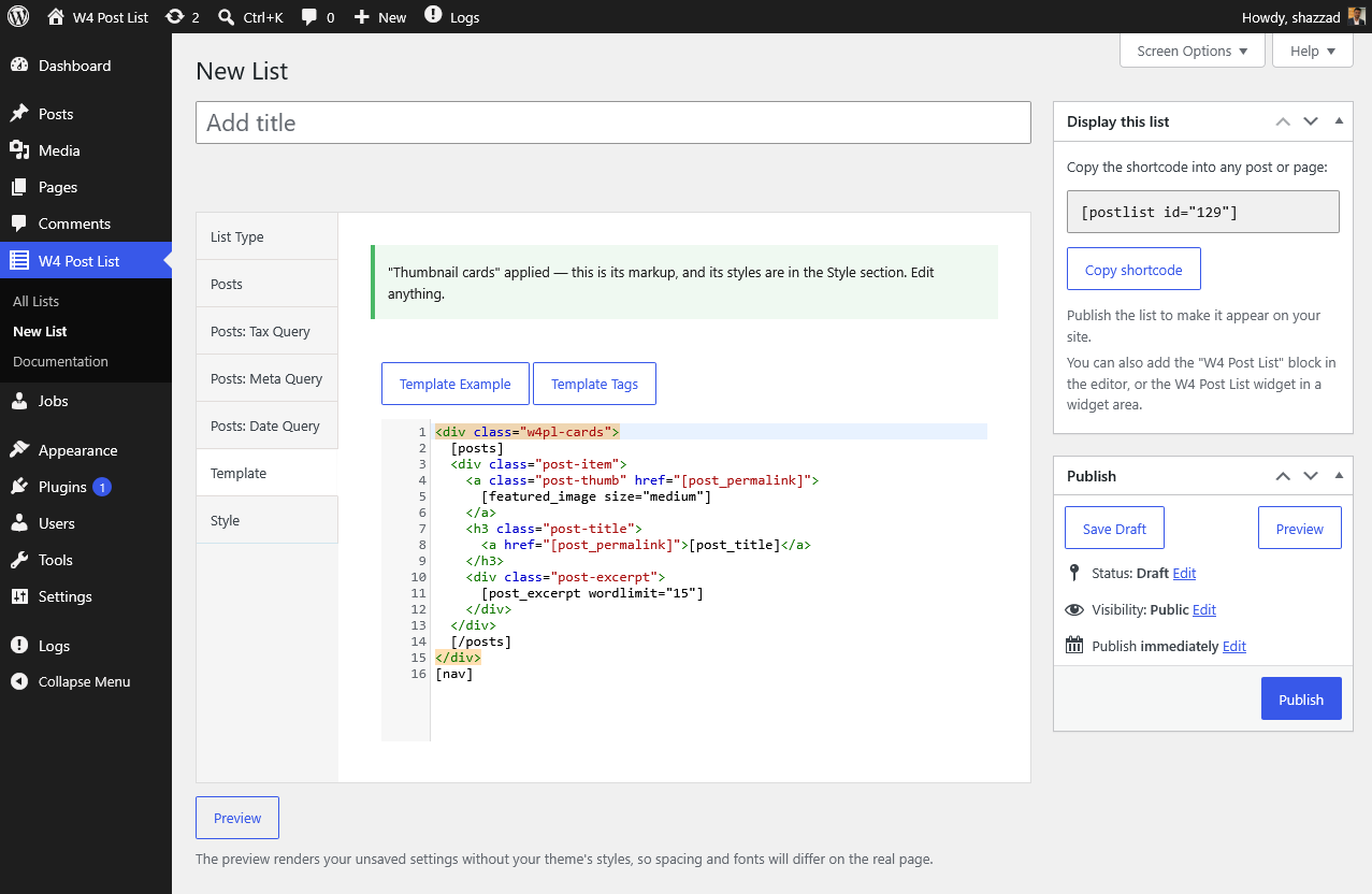 The template editor with syntax highlighting