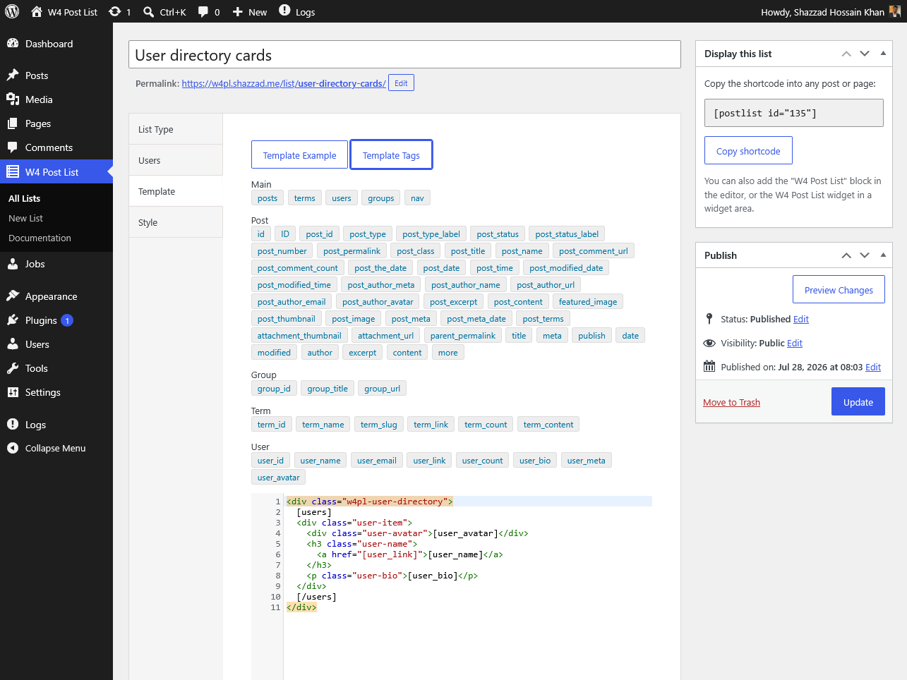 The Template Tags palette beside the editor