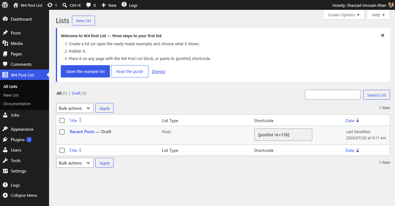The welcome notice and example list on a fresh install